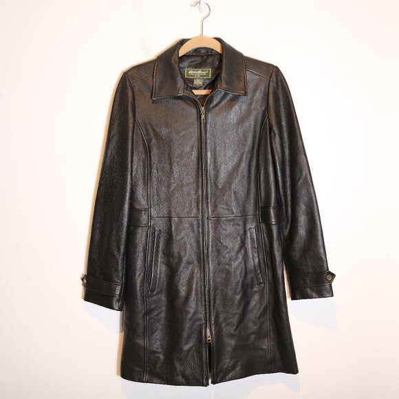 Eddie Bauer Y2K Vintage Genuine Leather Long Leather Jacket Womens Small Black - Picture 1 of 7